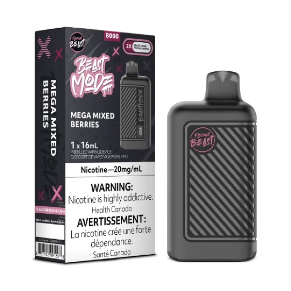 Flavour Beast Beast Mode disposable vape with 16mL capacity, dual mesh coils (0.6Ω/1.2Ω), and OLED display; available for Calgary delivery.