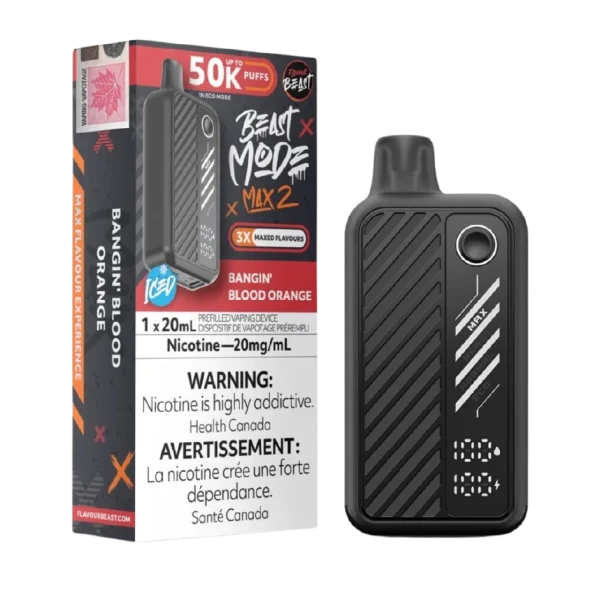 Flavour Beast Beast Mode Max 2 disposable vape featuring a large digital display, four firing modes, and up to 50,000 puffs; available for Calgary delivery.