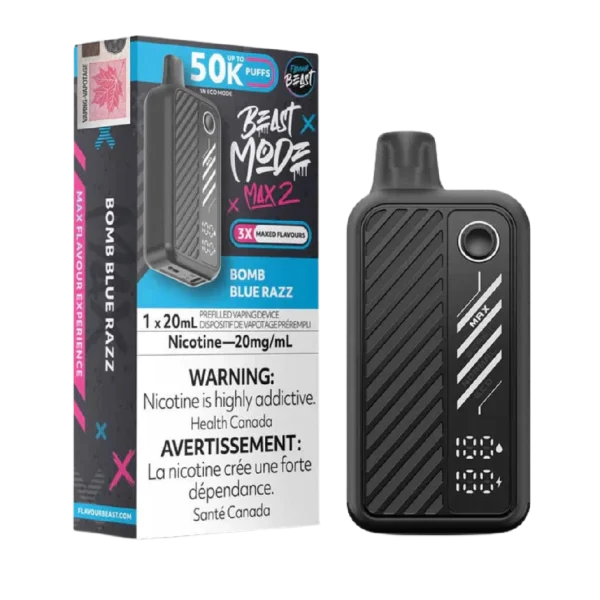 Flavour Beast Beast Mode Max 2 disposable vape featuring a large digital display, four firing modes, and up to 50,000 puffs; available for Calgary delivery.