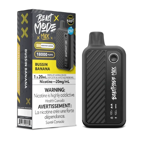 Flavour Beast Beast Mode Max 2 disposable vape featuring a large digital display, four firing modes, and up to 50,000 puffs; available for Calgary delivery.