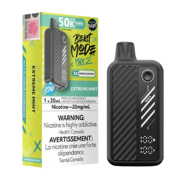 Flavour Beast Beast Mode Max 2 disposable vape featuring a large digital display, four firing modes, and up to 50,000 puffs; available for Calgary delivery.