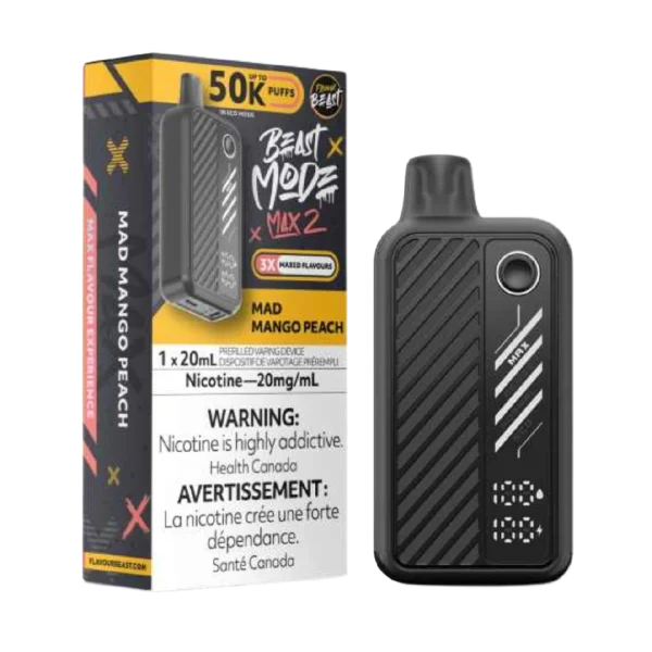 Flavour Beast Beast Mode Max 2 disposable vape featuring a large digital display, four firing modes, and up to 50,000 puffs; available for Calgary delivery.
