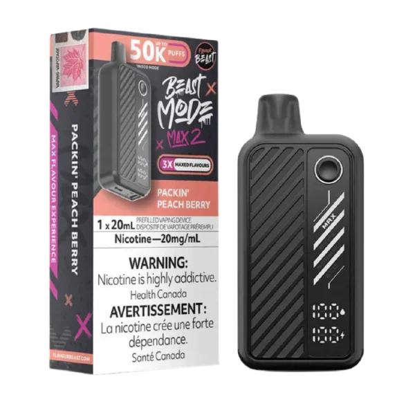 Flavour Beast Beast Mode Max 2 disposable vape featuring a large digital display, four firing modes, and up to 50,000 puffs; available for Calgary delivery.