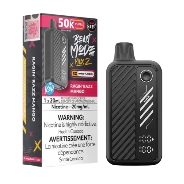 Flavour Beast Beast Mode Max 2 disposable vape featuring a large digital display, four firing modes, and up to 50,000 puffs; available for Calgary delivery.