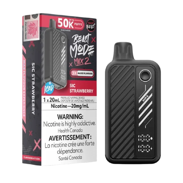 Flavour Beast Beast Mode Max 2 disposable vape featuring a large digital display, four firing modes, and up to 50,000 puffs; available for Calgary delivery.