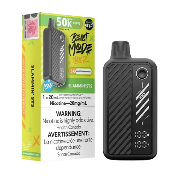 Flavour Beast Beast Mode Max 2 disposable vape featuring a large digital display, four firing modes, and up to 50,000 puffs; available for Calgary delivery.