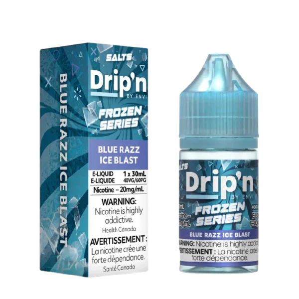 Envi Drip’n Frozen 30mL salt nicotine e-liquid with 9/10 ice level and 40VG/60PG ratio; available for Calgary delivery.