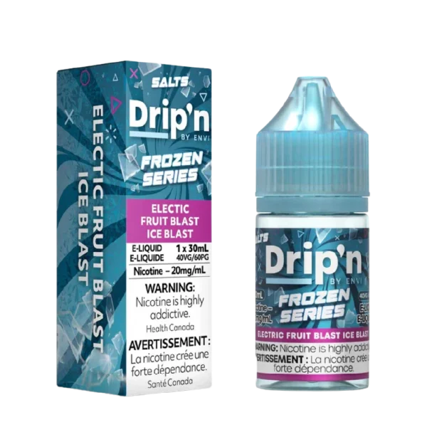 Envi Drip’n Frozen 30mL salt nicotine e-liquid with 9/10 ice level and 40VG/60PG ratio; available for Calgary delivery.