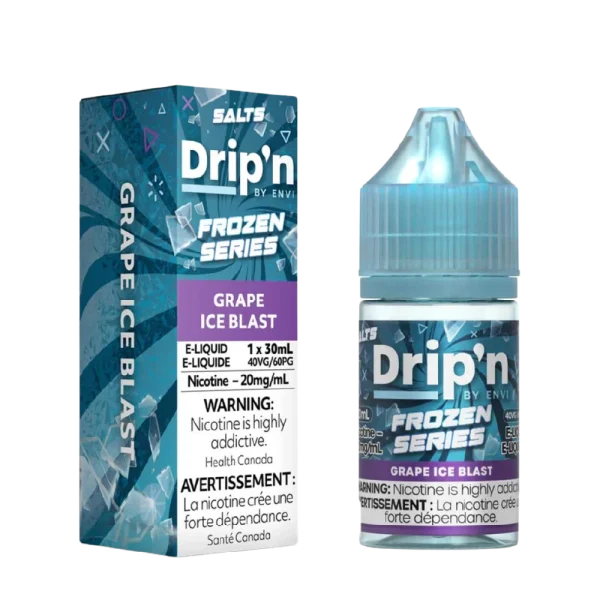 Envi Drip’n Frozen 30mL salt nicotine e-liquid with 9/10 ice level and 40VG/60PG ratio; available for Calgary delivery.