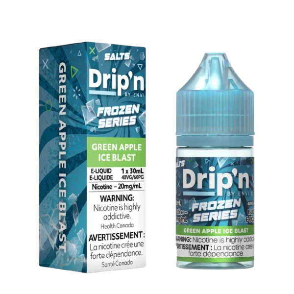 Envi Drip’n Frozen 30mL salt nicotine e-liquid with 9/10 ice level and 40VG/60PG ratio; available for Calgary delivery.