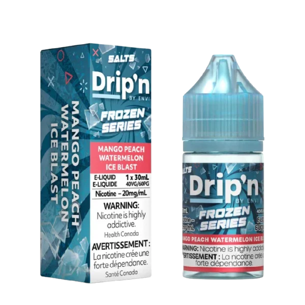 Envi Drip’n Frozen 30mL salt nicotine e-liquid with 9/10 ice level and 40VG/60PG ratio; available for Calgary delivery.