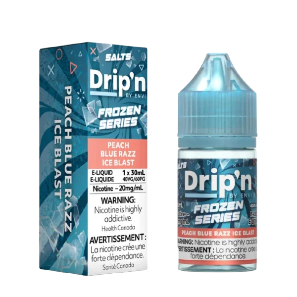 Envi Drip’n Frozen 30mL salt nicotine e-liquid with 9/10 ice level and 40VG/60PG ratio; available for Calgary delivery.