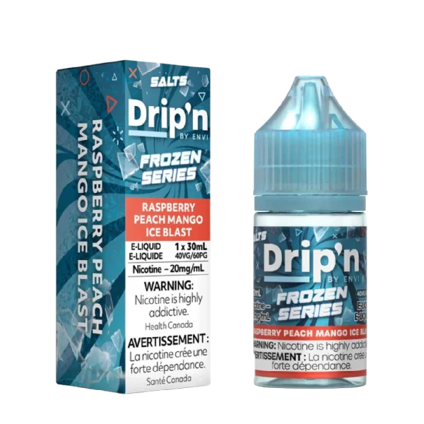 Envi Drip’n Frozen 30mL salt nicotine e-liquid with 9/10 ice level and 40VG/60PG ratio; available for Calgary delivery.
