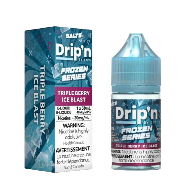 Envi Drip’n Frozen 30mL salt nicotine e-liquid with 9/10 ice level and 40VG/60PG ratio; available for Calgary delivery.