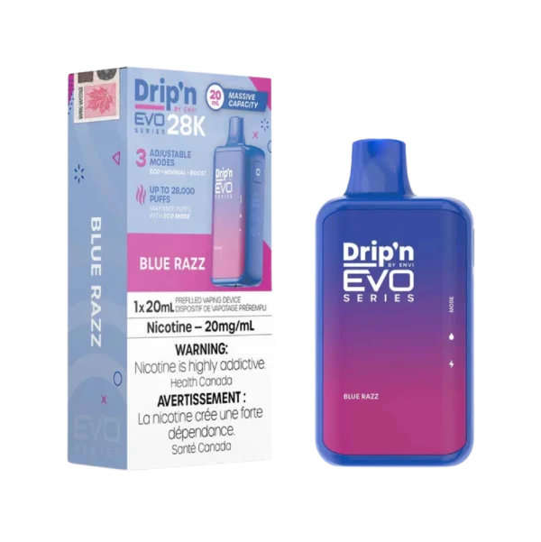 Drip’n 28K disposable vape by ENVI featuring a vibrant LED display for battery and juice levels, 3-mode firing system, and 20mL capacity; available for Calgary delivery.