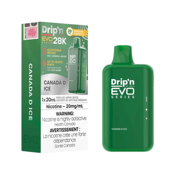 Drip’n 28K disposable vape by ENVI featuring a vibrant LED display for battery and juice levels, 3-mode firing system, and 20mL capacity; available for Calgary delivery.