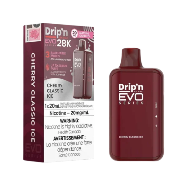 Drip’n 28K disposable vape by ENVI featuring a vibrant LED display for battery and juice levels, 3-mode firing system, and 20mL capacity; available for Calgary delivery.