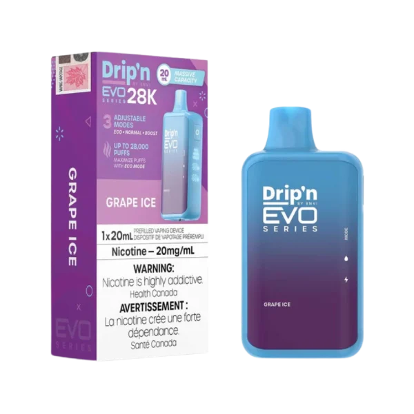 Drip’n 28K disposable vape by ENVI featuring a vibrant LED display for battery and juice levels, 3-mode firing system, and 20mL capacity; available for Calgary delivery.