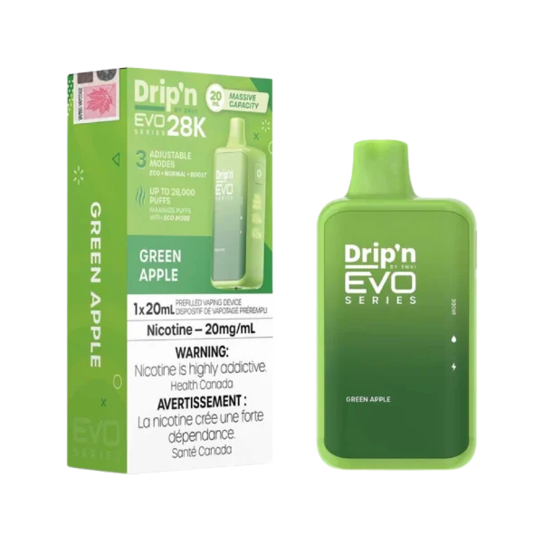 Drip’n 28K disposable vape by ENVI featuring a vibrant LED display for battery and juice levels, 3-mode firing system, and 20mL capacity; available for Calgary delivery.