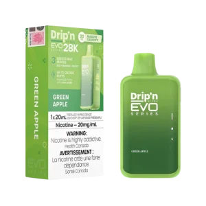 Drip’n 28K disposable vape by ENVI featuring a vibrant LED display for battery and juice levels, 3-mode firing system, and 20mL capacity; available for Calgary delivery.