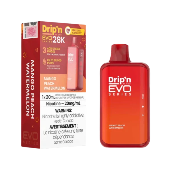 Drip’n 28K disposable vape by ENVI featuring a vibrant LED display for battery and juice levels, 3-mode firing system, and 20mL capacity; available for Calgary delivery.