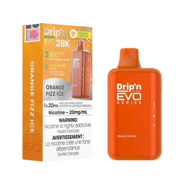 Drip’n 28K disposable vape by ENVI featuring a vibrant LED display for battery and juice levels, 3-mode firing system, and 20mL capacity; available for Calgary delivery.