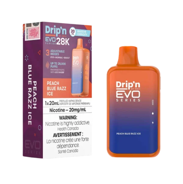 Drip’n 28K disposable vape by ENVI featuring a vibrant LED display for battery and juice levels, 3-mode firing system, and 20mL capacity; available for Calgary delivery.