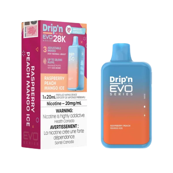 Drip’n 28K disposable vape by ENVI featuring a vibrant LED display for battery and juice levels, 3-mode firing system, and 20mL capacity; available for Calgary delivery.