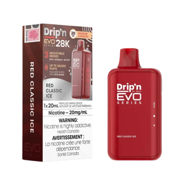 Drip’n 28K disposable vape by ENVI featuring a vibrant LED display for battery and juice levels, 3-mode firing system, and 20mL capacity; available for Calgary delivery.