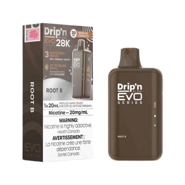 Drip’n 28K disposable vape by ENVI featuring a vibrant LED display for battery and juice levels, 3-mode firing system, and 20mL capacity; available for Calgary delivery.