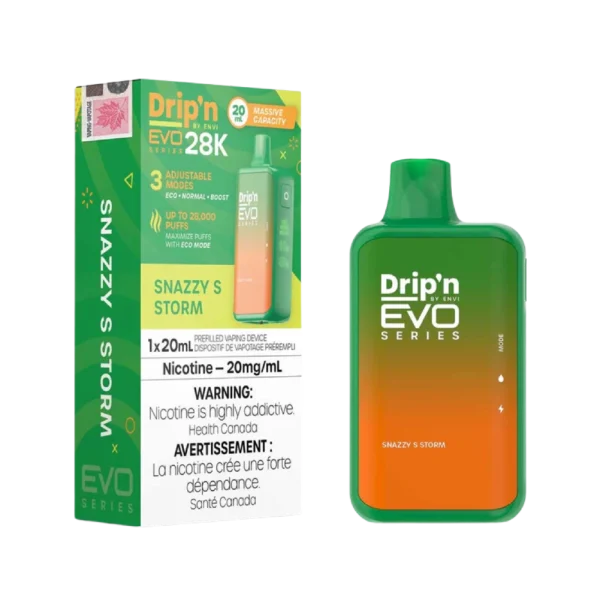 Drip’n 28K disposable vape by ENVI featuring a vibrant LED display for battery and juice levels, 3-mode firing system, and 20mL capacity; available for Calgary delivery.