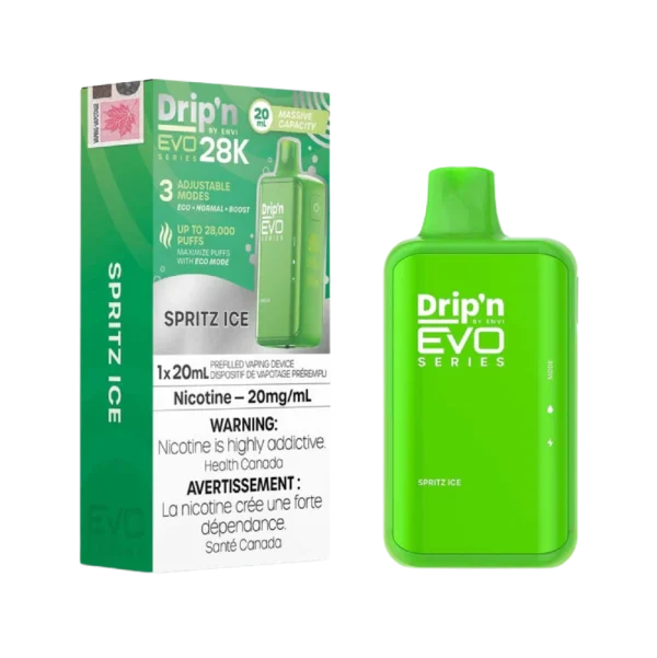 Drip’n 28K disposable vape by ENVI featuring a vibrant LED display for battery and juice levels, 3-mode firing system, and 20mL capacity; available for Calgary delivery.