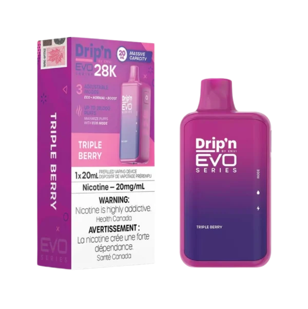 Drip’n 28K disposable vape by ENVI featuring a vibrant LED display for battery and juice levels, 3-mode firing system, and 20mL capacity; available for Calgary delivery.