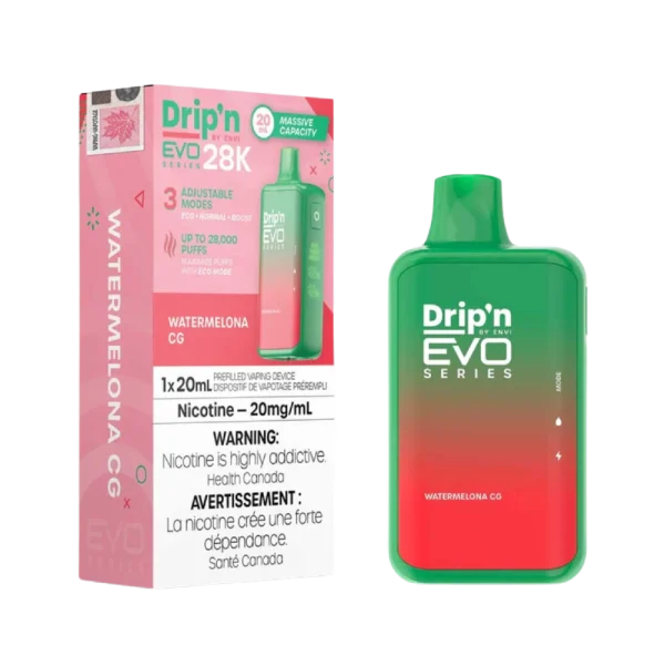 Drip’n 28K disposable vape by ENVI featuring a vibrant LED display for battery and juice levels, 3-mode firing system, and 20mL capacity; available for Calgary delivery.