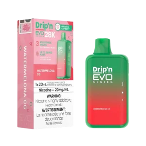 Drip’n 28K disposable vape by ENVI featuring a vibrant LED display for battery and juice levels, 3-mode firing system, and 20mL capacity; available for Calgary delivery.