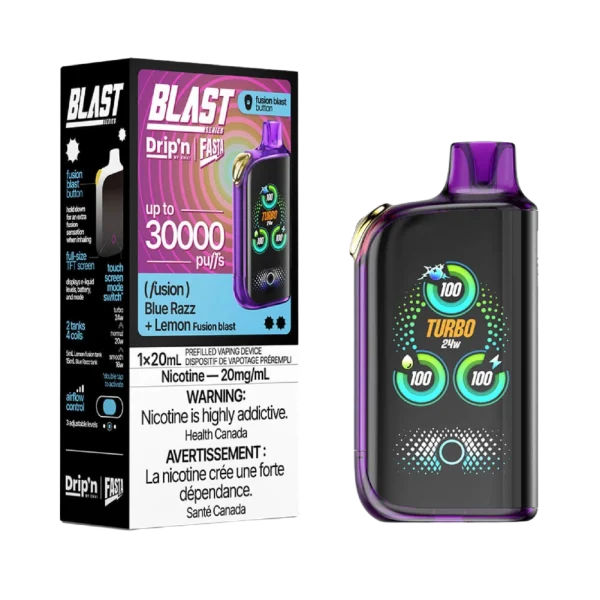 Drip’n Fasta Blast 30K disposable vape featuring a dual-tank system, full-size TFT touch screen, and three adjustable wattage modes; available for Calgary delivery.