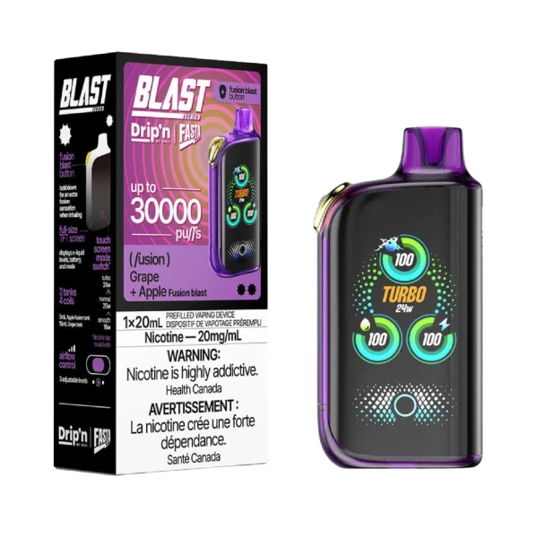 Drip’n Fasta Blast 30K disposable vape featuring a dual-tank system, full-size TFT touch screen, and three adjustable wattage modes; available for Calgary delivery.