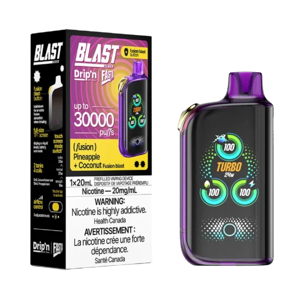 Drip’n Fasta Blast 30K disposable vape featuring a dual-tank system, full-size TFT touch screen, and three adjustable wattage modes; available for Calgary delivery.
