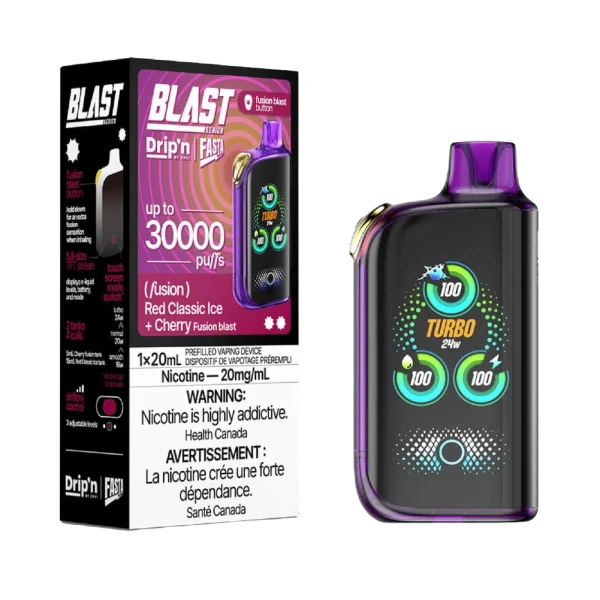 Drip’n Fasta Blast 30K disposable vape featuring a dual-tank system, full-size TFT touch screen, and three adjustable wattage modes; available for Calgary delivery.