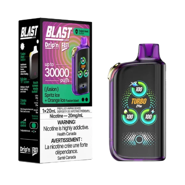 Drip’n Fasta Blast 30K disposable vape featuring a dual-tank system, full-size TFT touch screen, and three adjustable wattage modes; available for Calgary delivery.