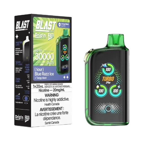 Drip’n Fasta Blast 30K disposable vape featuring a dual-tank system, full-size TFT touch screen, and three adjustable wattage modes; available for Calgary delivery.