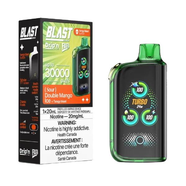 Drip’n Fasta Blast 30K disposable vape featuring a dual-tank system, full-size TFT touch screen, and three adjustable wattage modes; available for Calgary delivery.