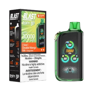 Drip’n Fasta Blast 30K disposable vape featuring a dual-tank system, full-size TFT touch screen, and three adjustable wattage modes; available for Calgary delivery.