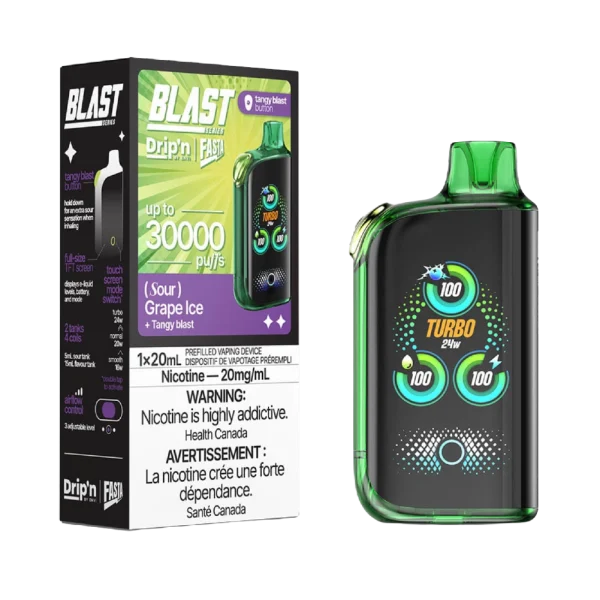 Drip’n Fasta Blast 30K disposable vape featuring a dual-tank system, full-size TFT touch screen, and three adjustable wattage modes; available for Calgary delivery.