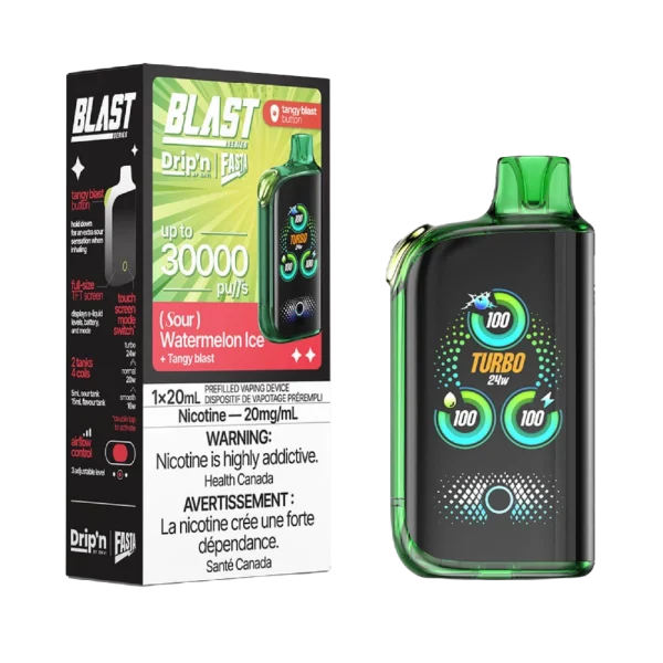Drip’n Fasta Blast 30K disposable vape featuring a dual-tank system, full-size TFT touch screen, and three adjustable wattage modes; available for Calgary delivery.
