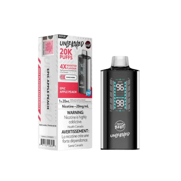 Flavour Beast Unleashed DCP 20 disposable vape with 20mL capacity, 3-mode firing system, and 1000mAh battery; available for Calgary delivery.