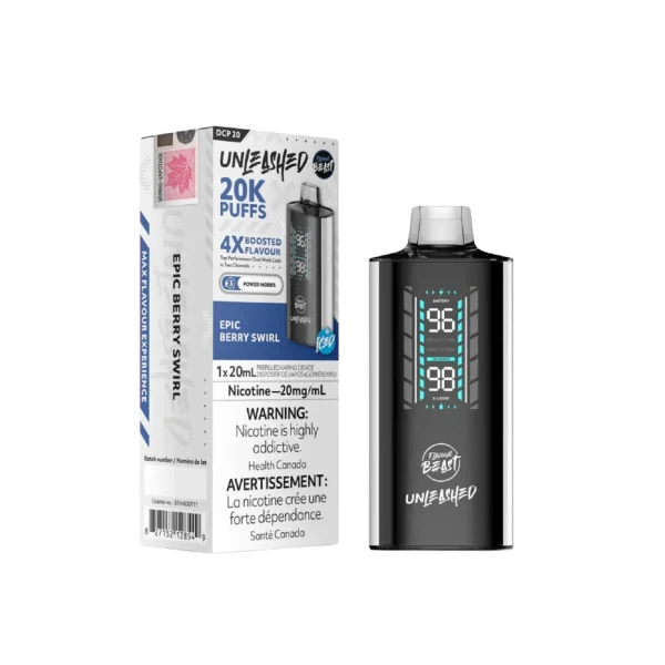 Flavour Beast Unleashed DCP 20 disposable vape with 20mL capacity, 3-mode firing system, and 1000mAh battery; available for Calgary delivery.