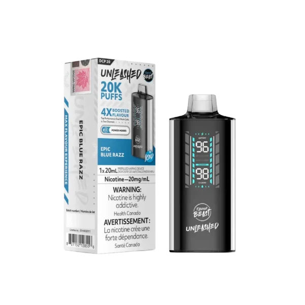 Flavour Beast Unleashed DCP 20 disposable vape with 20mL capacity, 3-mode firing system, and 1000mAh battery; available for Calgary delivery.