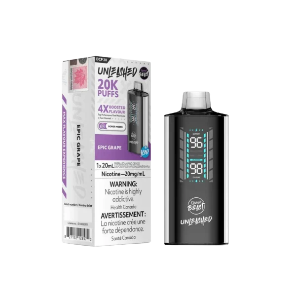 Flavour Beast Unleashed DCP 20 disposable vape with 20mL capacity, 3-mode firing system, and 1000mAh battery; available for Calgary delivery.
