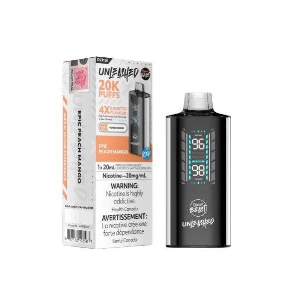 Flavour Beast Unleashed DCP 20 disposable vape with 20mL capacity, 3-mode firing system, and 1000mAh battery; available for Calgary delivery.